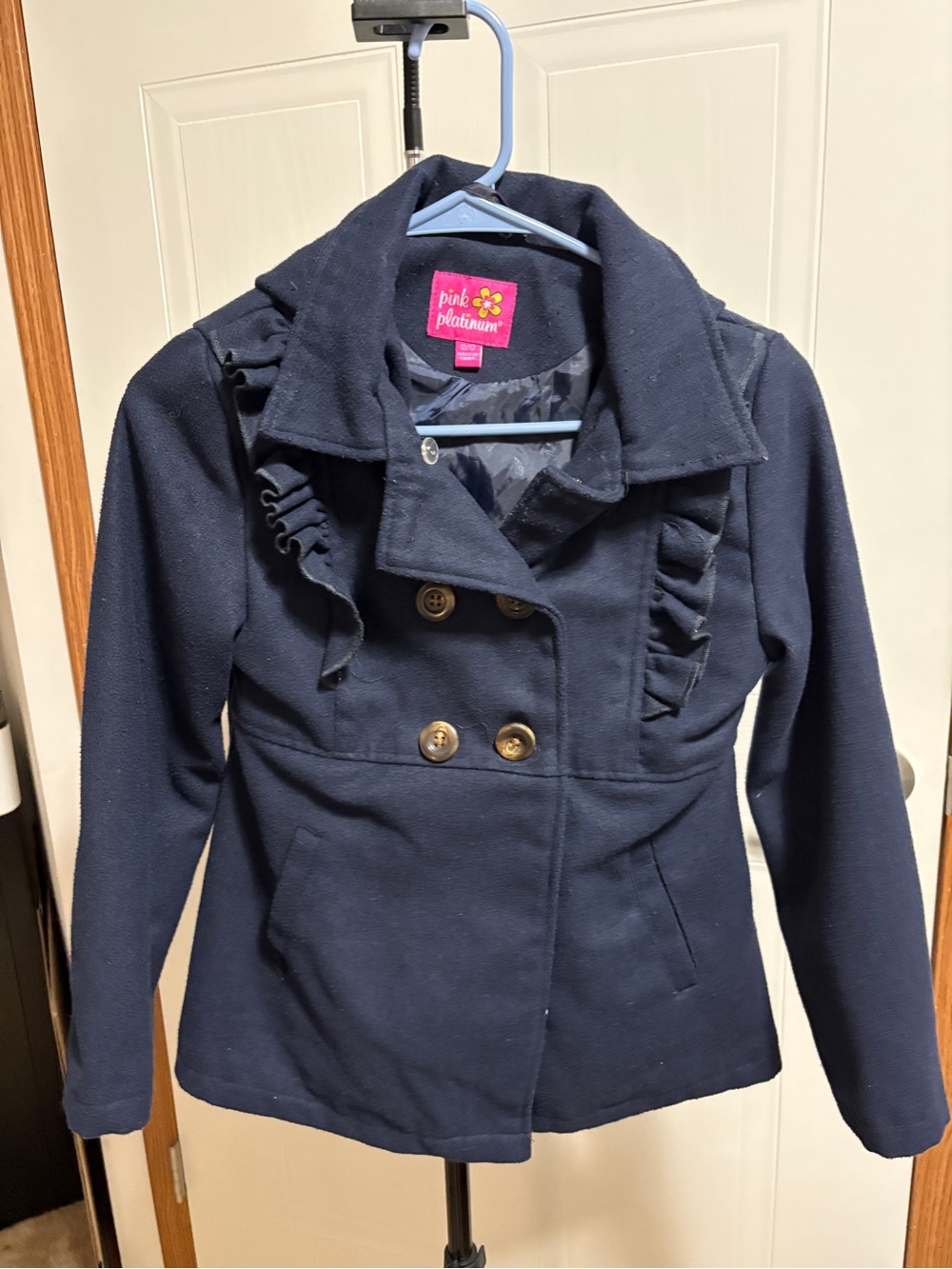 Pink Platinum Navy Double-Breasted Peacoat with Ruffle Detail